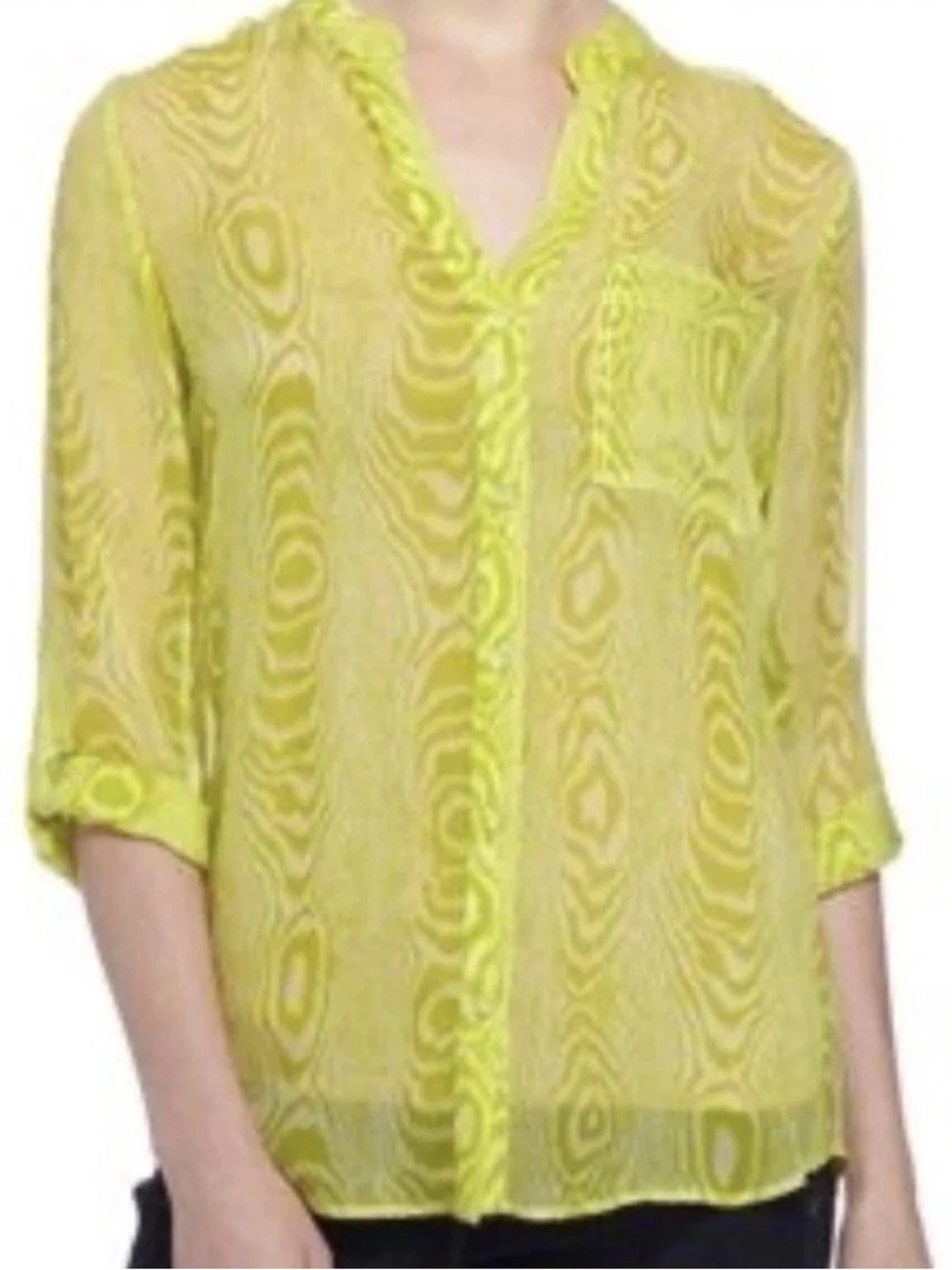 Diane von Furstenberg Sheer Gilmore Top 12 Button Up Yellow Shirt Blouse Womens
